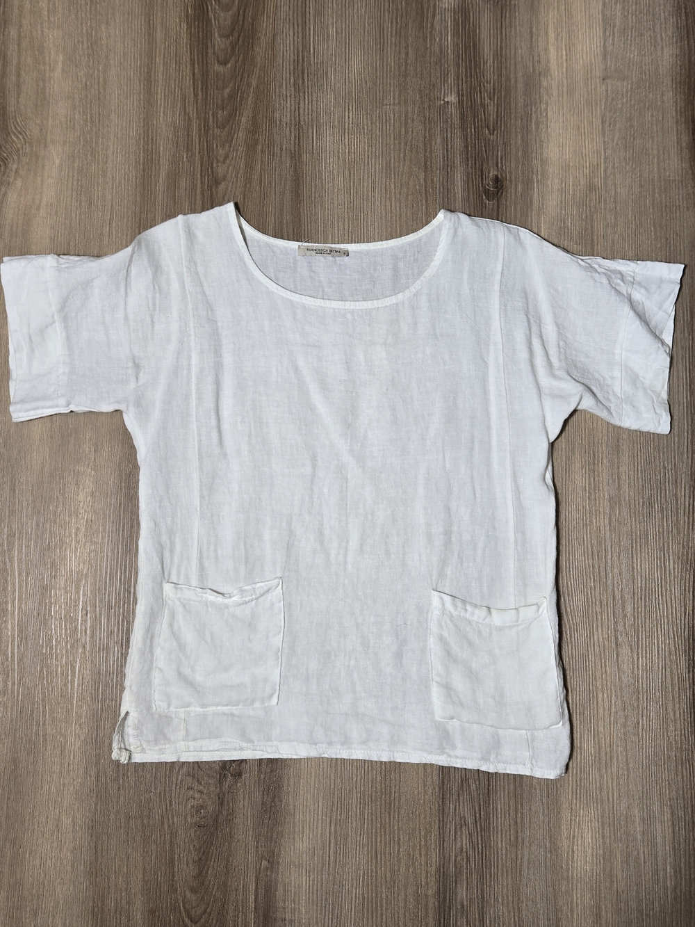 White Linen Scoop Neck Pocket Top